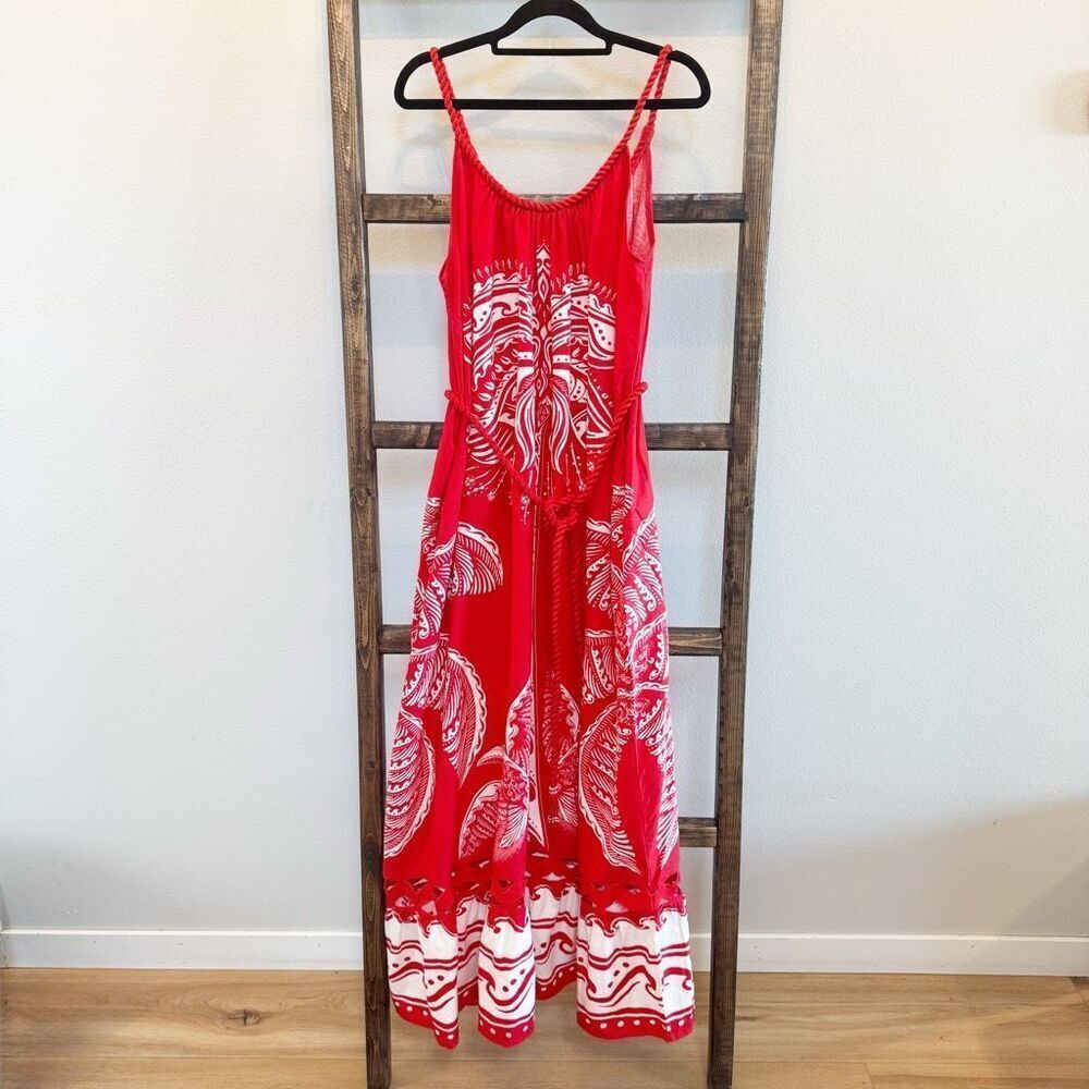 Farm Rio NWT Majestic Coconut Tree Maxi Dress Medium Red Linen Blend Tropical - Picture 4 of 9